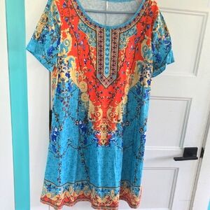Boho Dress Blue Orange Yellow Brown W Side Pockets Plus Size Summer Fall